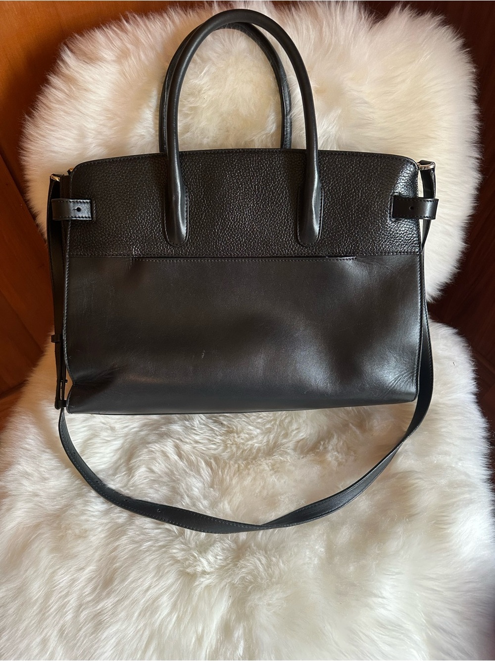 Cuyana Black Leather Tote Briefcase with Shoulder Strap